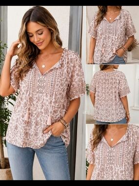 Lucky Brand Dusty Rose Floral Peasant Blouse Cotton Top